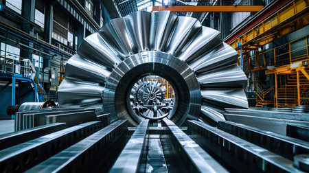 A large machine, a powerful turbine, dominates the interior of a factory workshop.の素材
