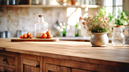 A rustic kitchen counter made of solid wood showcasing a simple bowl, perfect for adding a touch of country charm to your home decor. Interior of a modern kitchen made of solid wood.の素材