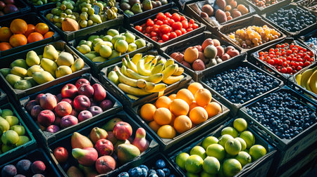 A collection of various types of fruits elegantly arranged on a table at the market.の素材