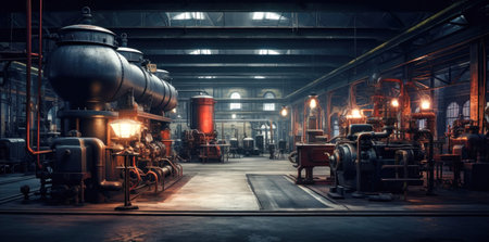 A large room filled with numerous metal pipes, serving as a storage space for production stock in an industrial workshop.の素材