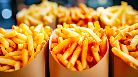 A tempting display of perfectly cooked and golden French fries arranged neatly in a white container.の素材