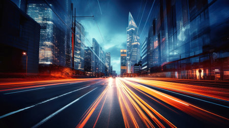 A city street filled with lots of traffic at night, captured with a long exposure to create blurred lights from cars.の素材