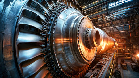 A large machine in a factory workshop filled with numerous machinery, including a powerful turbine.の素材