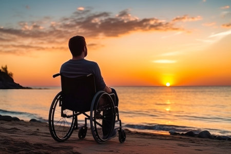 A man in a wheelchair enjoying the beauty of a sunset. Disabled man on the beach.の素材