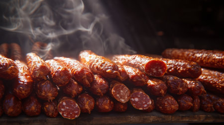 A collection of different types of sausages, including homemade and smoked varieties, displayed on a cloth.の素材
