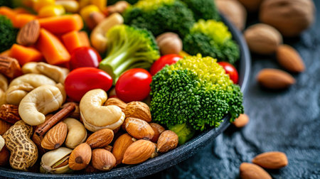 A bowl containing a variety of nuts, including almonds, walnuts, and peanuts, placed alongside fresh broccoli on a tabletop.の素材