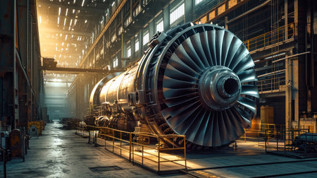 A powerful turbine of a large jet engine is seen inside a factory workshop.の素材