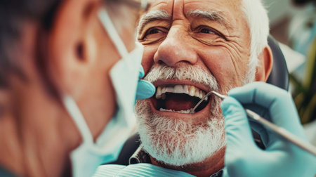 A senior man receiving dental examination and treatment from a dentist.の素材