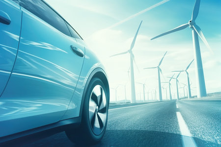 An electric car drives past a row of wind turbines on a road, utilizing clean energy. Selective focus.の素材