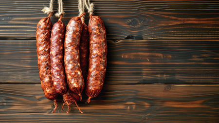 Homemade, assorted smoked sausages hanging in a row from a line in a farm cellar.の素材
