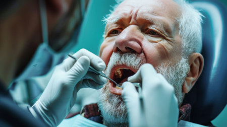 An elderly man with glasses undergoes dental treatment, holding a toothbrush in his mouth.