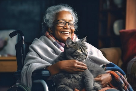 A woman in a wheelchair lovingly holds a cat in her lap.の素材
