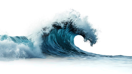 A powerful and imposing large blue wave crashes in the ocean, captured on a clean white background. Isolatedの素材