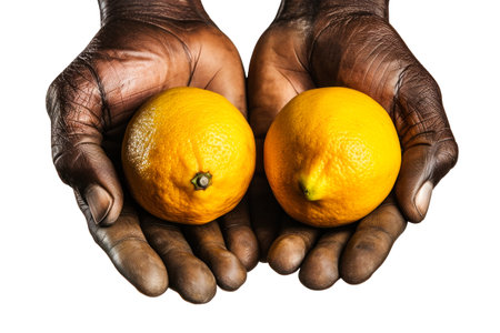 Two hands hold two oranges in front of a plain white background. Isolated.の素材