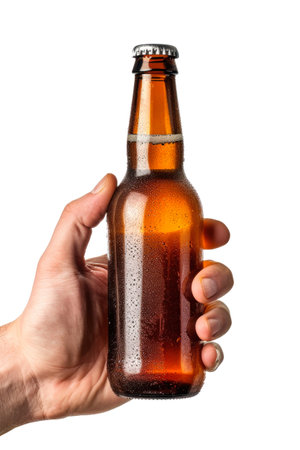 A hand firmly holds a bottle of beer in a promotional shot. Isolated. Mockupの素材