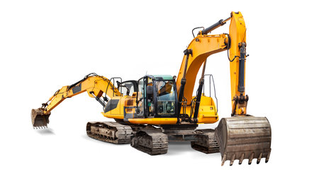 A yellow excavator is parked on a white surface, ready for construction or excavation work. The powerful equipment stands out against the clean backdrop. Isolatedの写真素材