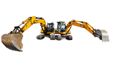 A powerful yellow and black excavators is displayed against a clean white background, showing its strength and durability for excavation work. Isolatedの写真素材