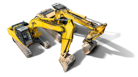 A powerful yellow and black excavators is showcased on a clean white background. This construction equipment is used for excavation work. Isolatedの写真素材