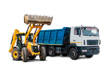Mining dump truck and bulldozer loader close-up on a white isolated background.Construction equipment for earthworks. element for designの写真素材