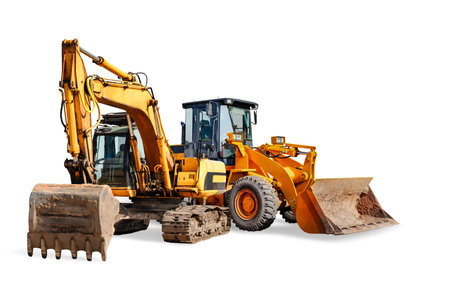 Excavator and bulldozer loader close-up on a white isolated background.Construction equipment for earthworks. element for designの写真素材