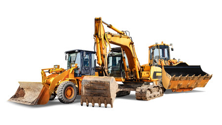 Excavator and two bulldozer loader close-up on a white isolated background.Construction equipment for earthworks. element for design. Rental of construction equipmentの写真素材