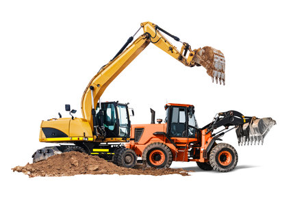 Excavator and bulldozer loader close-up on a white isolated background.Construction equipment for earthworks. element for design. Rent of modern construction equipmentの写真素材