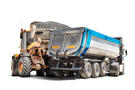 Mining dump truck and bulldozer loader close-up on a white isolated background.Construction equipment for earthworks. element for designの写真素材