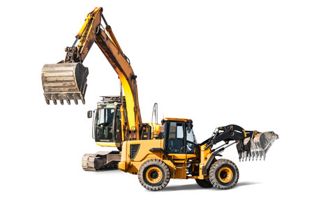 Excavator and bulldozer loader close-up on a white isolated background.Construction equipment for earthworks. element for design. Rent of modern construction equipmentの写真素材