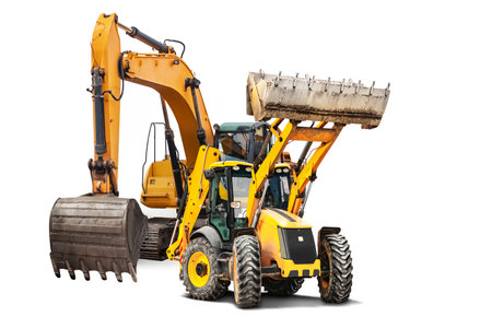 Excavator and bulldozer loader close-up on a white isolated background.Construction equipment for earthworks. element for design. Rental of construction equipment. Close-upの写真素材