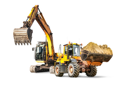 Excavator and bulldozer loader close-up on a white isolated background.Construction equipment for earthworks. element for design. Rent of modern construction equipmentの写真素材