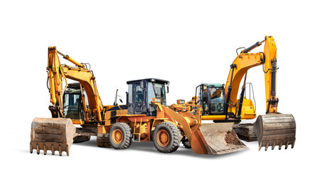 crawler excavators and bulldozer loader close-up on a white isolated background.Construction equipment for earthworks. element for designの写真素材