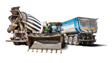 Concrete mixer, dump truck and bulldozer loader close-up on a white isolated background.Construction equipment for earthworks. Construction equipment group. element for designの写真素材