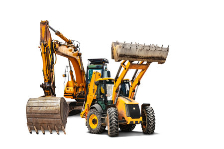 Excavator and bulldozer loader close-up on a white isolated background.Construction equipment for earthworks. element for design. Rent of modern construction equipmentの写真素材