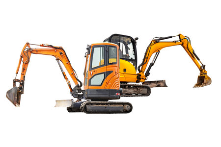 excavators excavator isolated on white background. Construction equipment for earthworks in cramped conditions. Rental of construction equipmentの写真素材