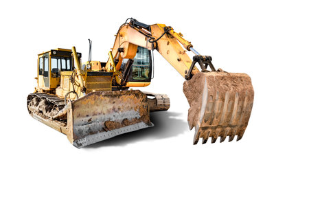Excavator and bulldozer loader close-up on a white isolated background.Construction equipment for earthworks. element for design. Rental of construction equipment. Close-upの写真素材