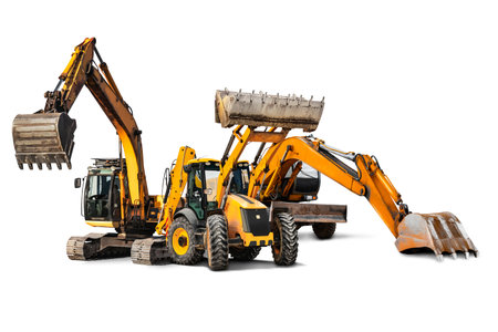 Excavator and bulldozer loader close-up on a white isolated background.Construction equipment for earthworks. element for design. Rent of modern construction equipmentの写真素材