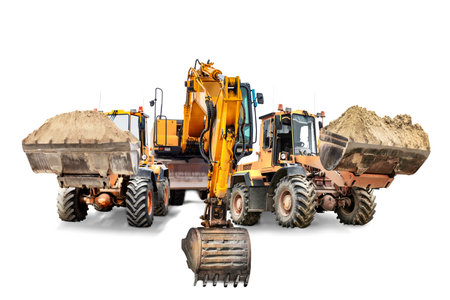 Excavator and two bulldozer loader close-up on a white isolated background.Construction equipment for earthworks. element for design. Rental of construction equipmentの写真素材
