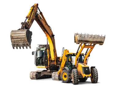 Excavator and bulldozer loader close-up on a white isolated background.Construction equipment for earthworks. element for design. Rent of modern construction equipmentの写真素材