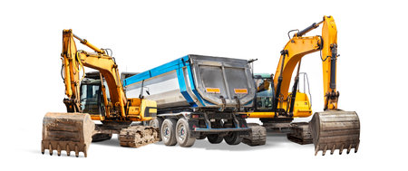 Two crawler excavators and mining truck close-up on a white isolated background.Construction equipment for earthworks. element for design. Rental of construction equipmentの写真素材