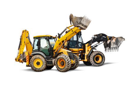 Two heavy front loaders or bulldozers on a white isolated background. Construction equipment and transport. Transportation and movement of bulk materials. Excavation. Element for designの写真素材