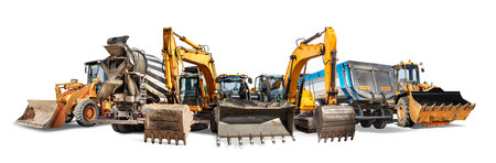 A large group of construction equipment isolated on a white background. Rental of construction equipment. Excavator, loader, bedozer, atobetonosmesitel, dump truck. element for designの写真素材