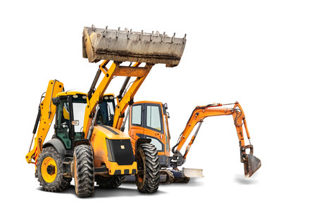 Excavator and bulldozer loader close-up on a white isolated background.Construction equipment for earthworks. element for design. Rent of modern construction equipmentの写真素材