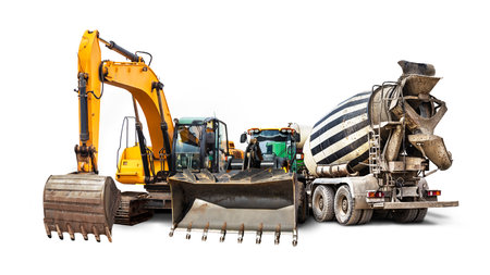 Excavator, concrete mixer truck and bulldozer loader close-up on a white isolated background.Construction equipment for earthworks. Construction equipment group. element for designの写真素材