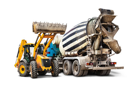 Concrete mixer truck and bulldozer loader close-up on a white isolated background.Construction equipment. element for design. Rental of construction equipment. delivery of concreteの写真素材