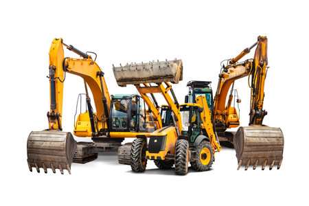 Excavator and bulldozer loader close-up on a white isolated background.Construction equipment for earthworks. element for design. Rent of modern construction equipmentの写真素材