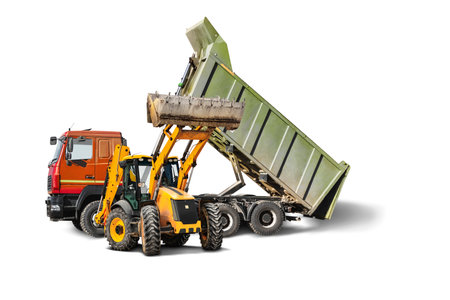 Mining dump truck and bulldozer loader close-up on a white isolated background.Construction equipment for earthworks. element for designの写真素材