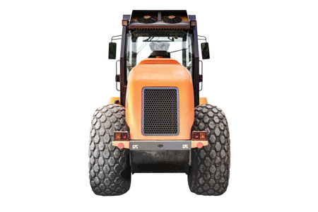 Heavy-duty vibratory roller for asphalt paving on white isolated background. Road construction equipment. Image of a road roller for designの写真素材