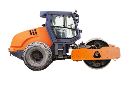 Heavy-duty vibratory roller for asphalt paving on white isolated background. Road construction equipment. Image of a road roller for designの写真素材