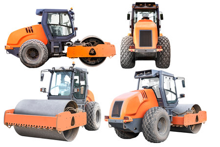 A set of images. Heavy-duty vibratory roller for asphalt paving on white isolated background. Road construction equipment. Image of a road roller for designの写真素材