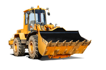 Heavy front loader or bulldozer on a white isolated background. construction machinery. Transportation and movement of bulk materials. Large bucket for earth, sand and gravelの写真素材
